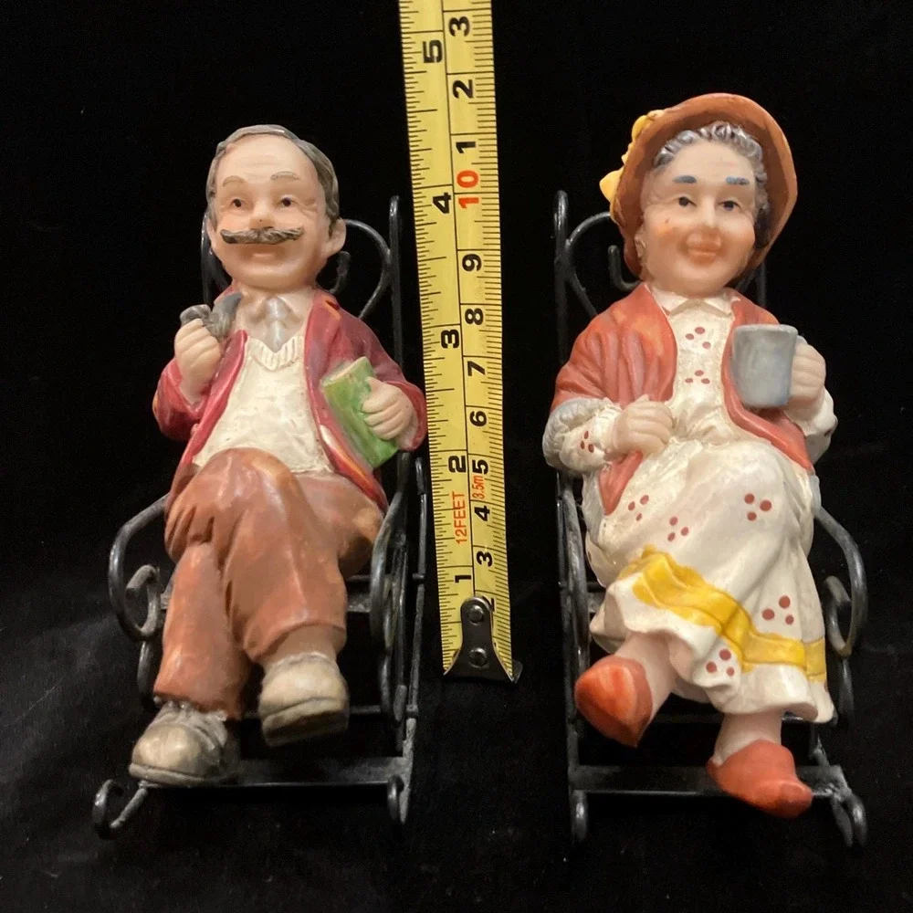 Vintage Grandma Grandpa Metal Rocking Chairs Resin Figurines 1:12 Scale Set of 2